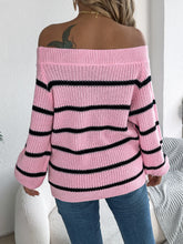 Womens Autumn Winter Off The Shoulder Knit Sweater Color Block Striped Lantern Sleeve Pullover Sweaters Knitted Jumper Tops - MyEmpired
