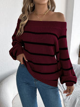 Womens Autumn Winter Off The Shoulder Knit Sweater Color Block Striped Lantern Sleeve Pullover Sweaters Knitted Jumper Tops - MyEmpired