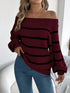 Womens Autumn Winter Off The Shoulder Knit Sweater Color Block Striped Lantern Sleeve Pullover Sweaters Knitted Jumper Tops - MyEmpired