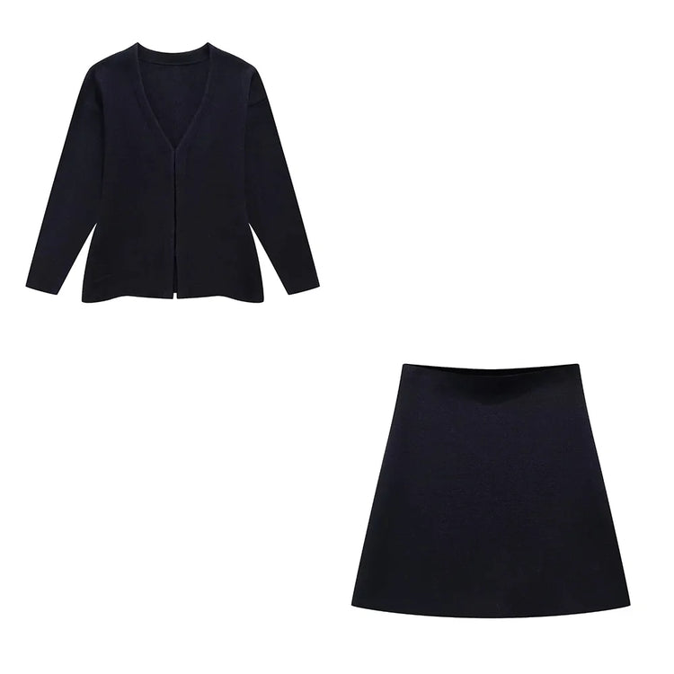 TRAFZA 2024 Spring Summer Sexy Solid Knitted Women Suits Fashion Nightclub V Neck Single Breasted Shirts+Chic Mini Pencil Skirts - MyEmpired