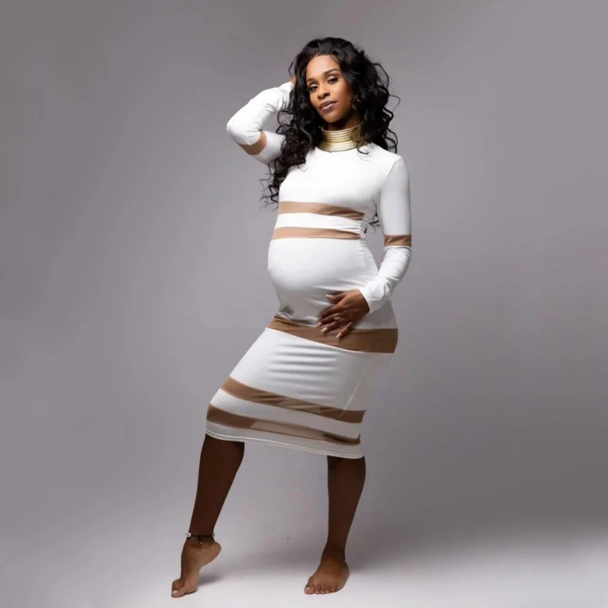 Long Sleeve Stretchy Maternity Dresses Mesh Knitted Baby Shower Dress Pregnancy Photography Dress - MyEmpired