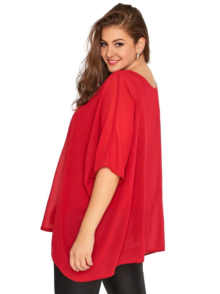 Womens Plus Size Elegant Summer Blouse Batwing Sleeve Oversized Chiffon Blouse Scoop Neck Large Size Casual Tunic Top Shirt 6XL - MyEmpired