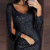 Sexy Sequin Tassel Long Sleeve Dress - MyEmpired