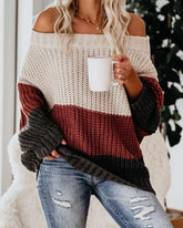 Off Shoulder Knit Sweaters Color Block Women Fashion Casual Pullovers Female Long Sleeve Tops Ladies Clothes Autumn Winter - MyEmpired