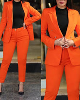 2pcs Women Office Clothing Set Long Sleeve Blazer Jacket & High Waist Pencil Pants Solid Color - MyEmpired