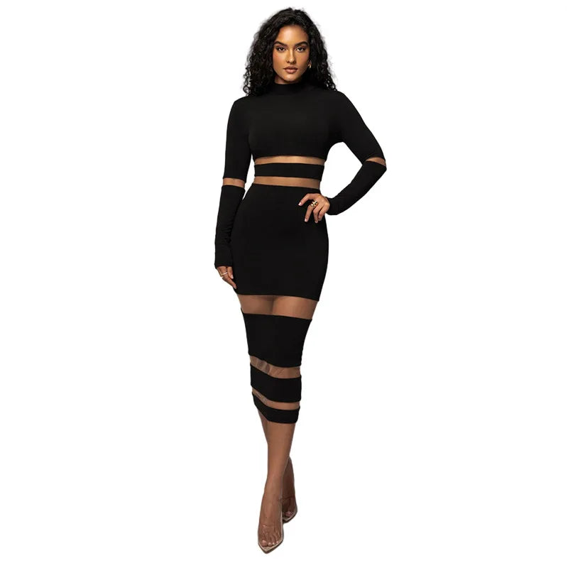 Patchwork Bodycon Sexy Midi Dress For Women 2023 Autumn Winter New Turtleneck Long Sleeve Club Party Sexy Dress Elegant - MyEmpired