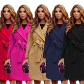 Temperament Elegant Slim Woolen Coat Women Fashion Solid Color Lapel Leace-up Bodycon Midi Woolen Coats Female Autumn Winter New - MyEmpired