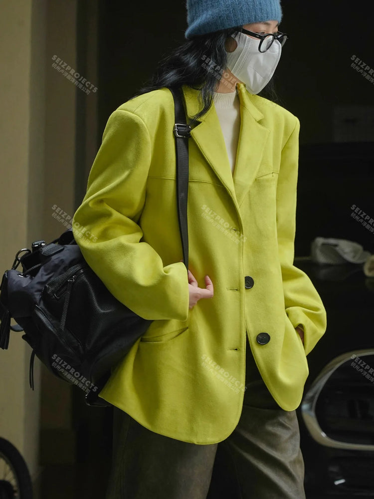 Winter Curved Pocket Oversized Blazer Suede Jacket Brown Green Loose Straight Coat For Women - MyEmpired