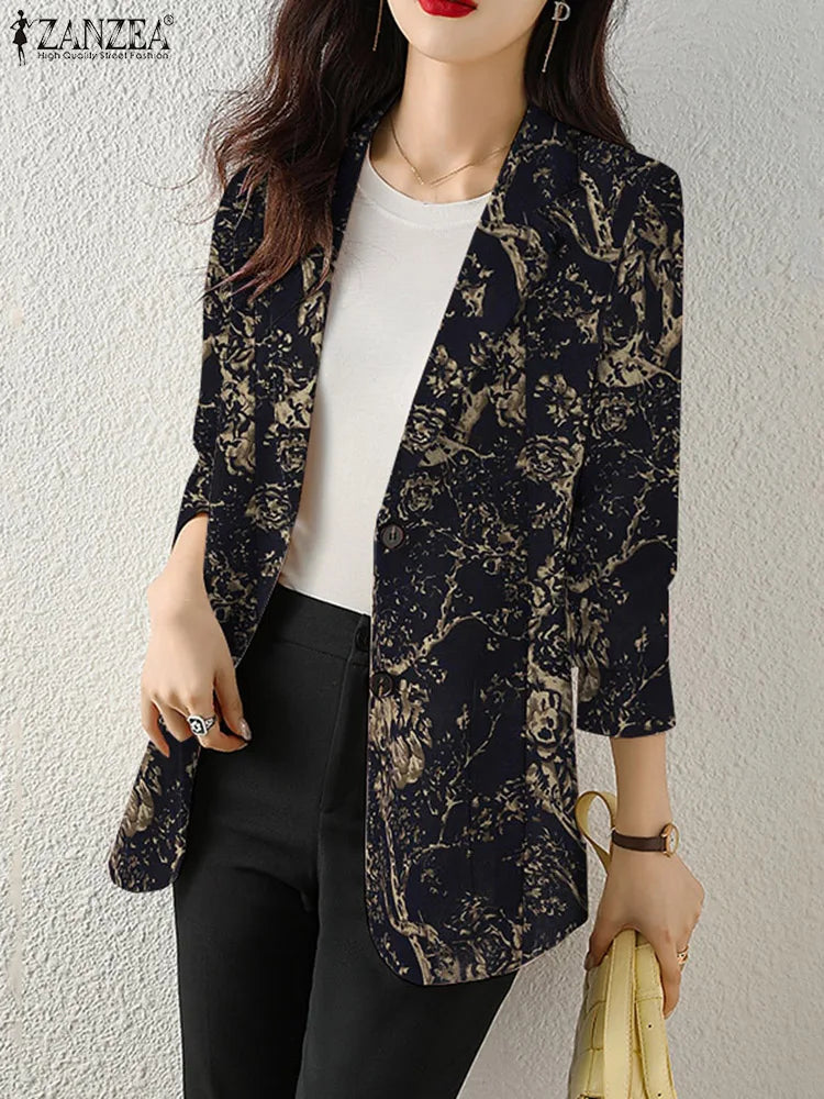Women Autumn Blazer Retro Printed Coats Casual Long Sleeve Floral Outerwear ZANZEA Female Single Button Lapel Jackets Oversize - MyEmpired