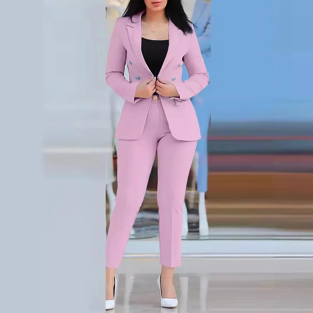2pcs Women Office Clothing Set Long Sleeve Blazer Jacket & High Waist Pencil Pants Solid Color - MyEmpired