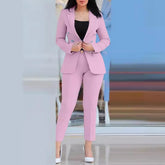 2pcs Women Office Clothing Set Long Sleeve Blazer Jacket & High Waist Pencil Pants Solid Color - MyEmpired