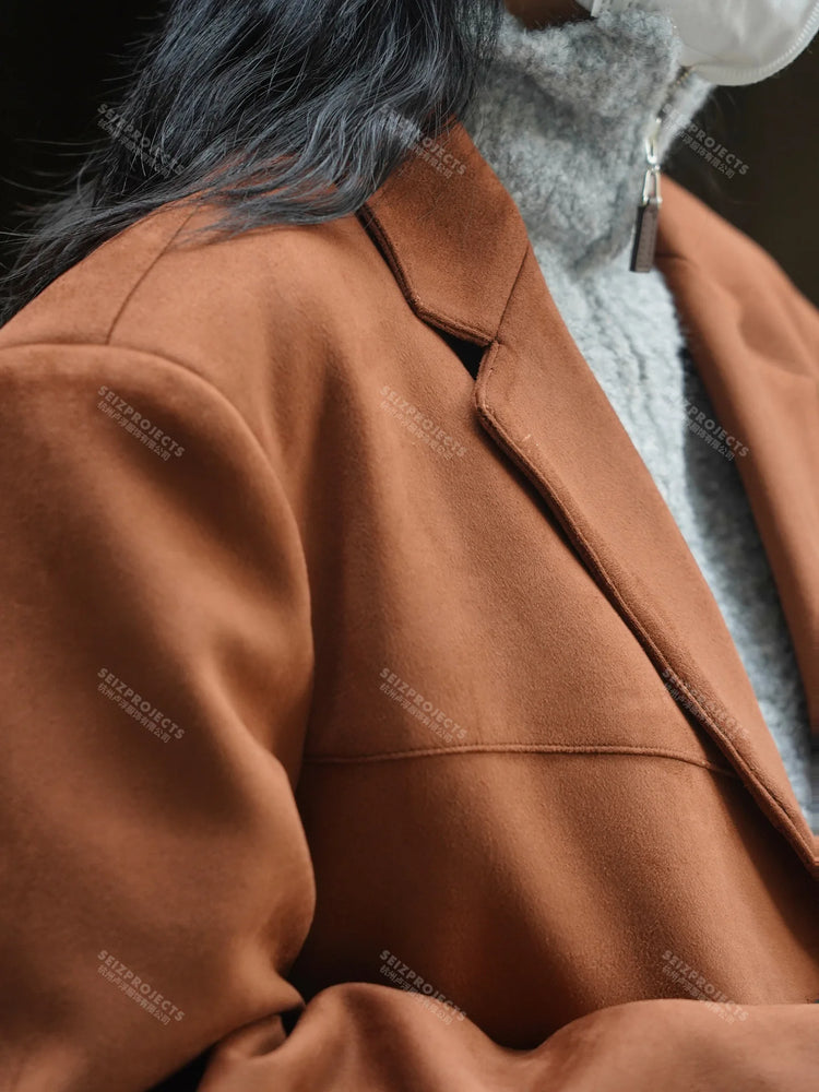 Winter Curved Pocket Oversized Blazer Suede Jacket Brown Green Loose Straight Coat For Women - MyEmpired