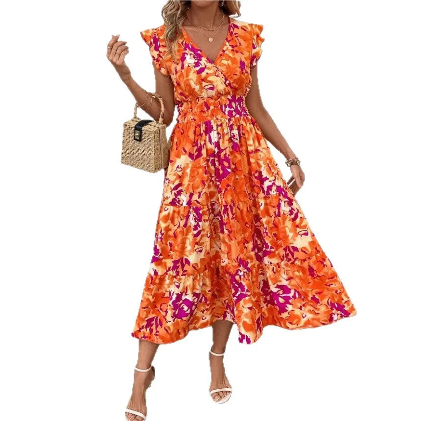 2025 Summer New Women's Sleeveless Shoulder Dress Bohemian Style Elastic Waist Ruffle Twisted Layers