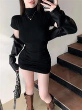 Sexy Tight Half High Collar Pleated Waist Mini Dress - MyEmpired