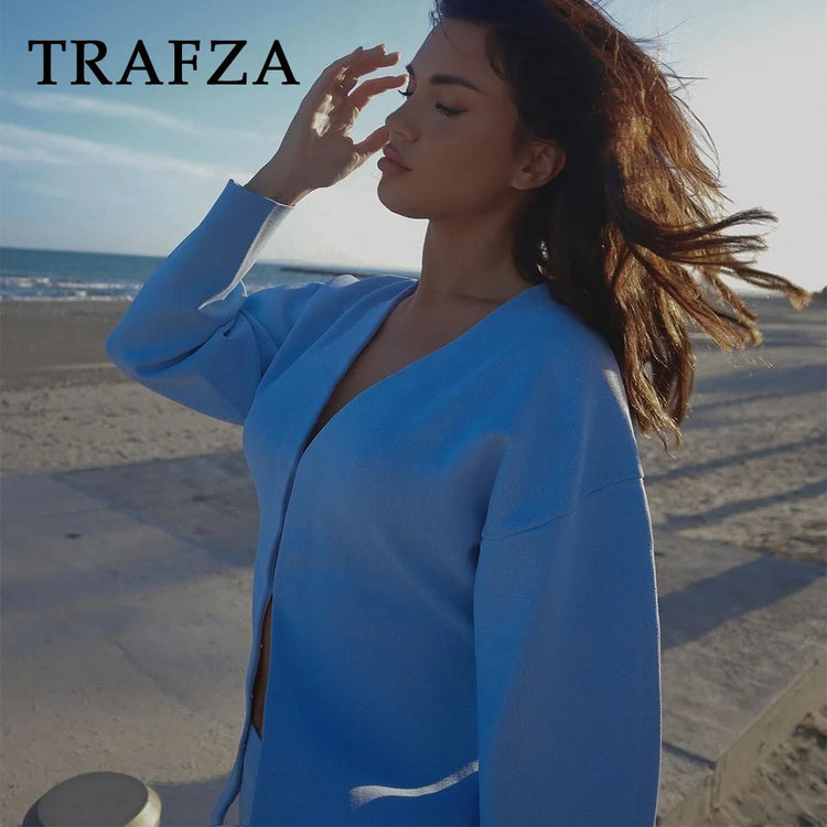 TRAFZA 2024 Spring Summer Sexy Solid Knitted Women Suits Fashion Nightclub V Neck Single Breasted Shirts+Chic Mini Pencil Skirts - MyEmpired