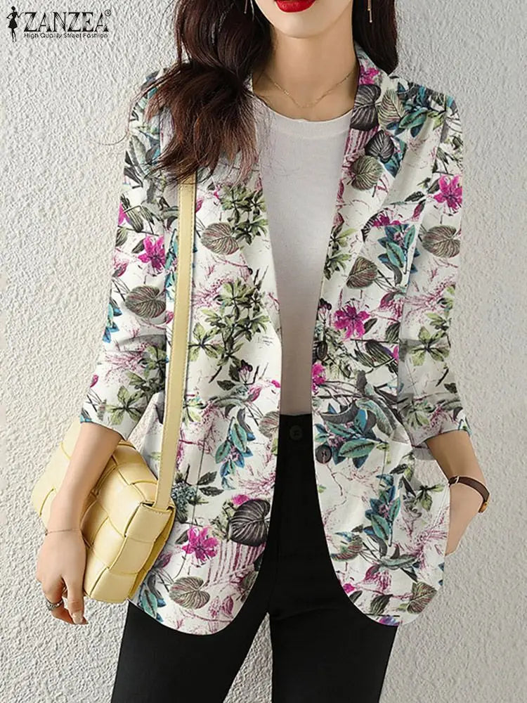 Women Autumn Blazer Retro Printed Coats Casual Long Sleeve Floral Outerwear ZANZEA Female Single Button Lapel Jackets Oversize - MyEmpired