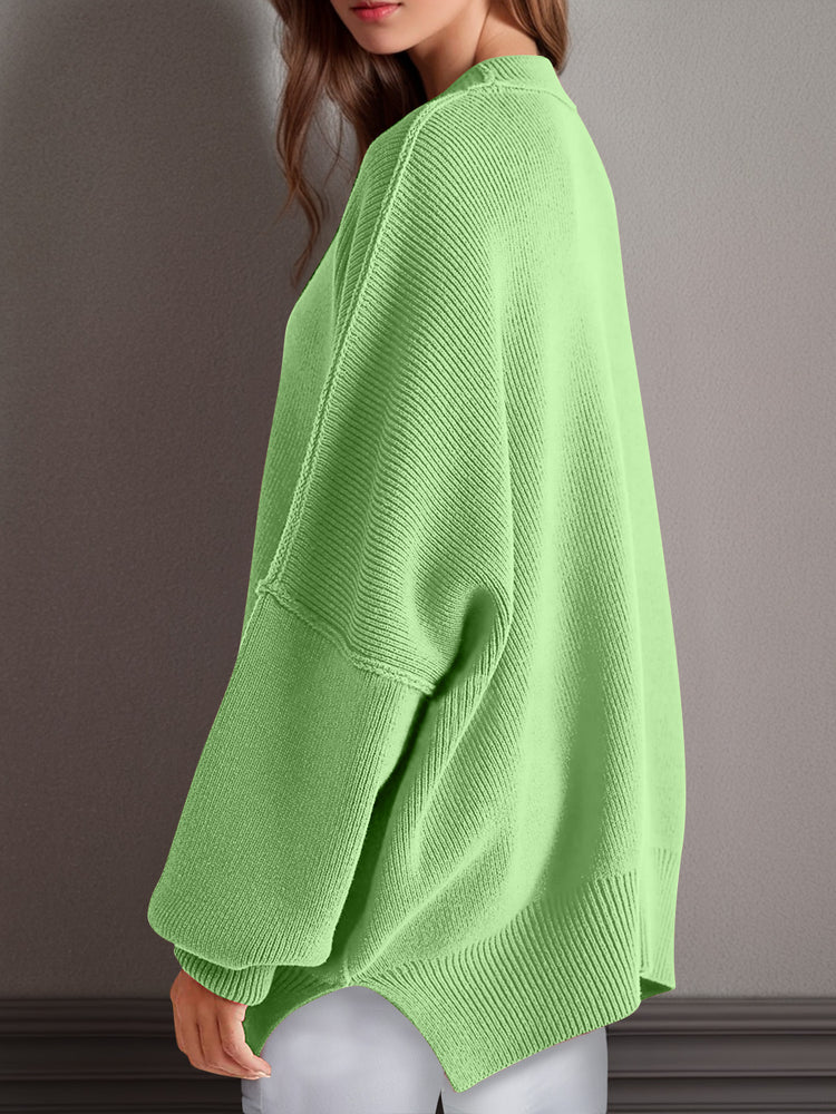 Double Take Side Slit Round Neck Long Sleeve Sweater - MyEmpired