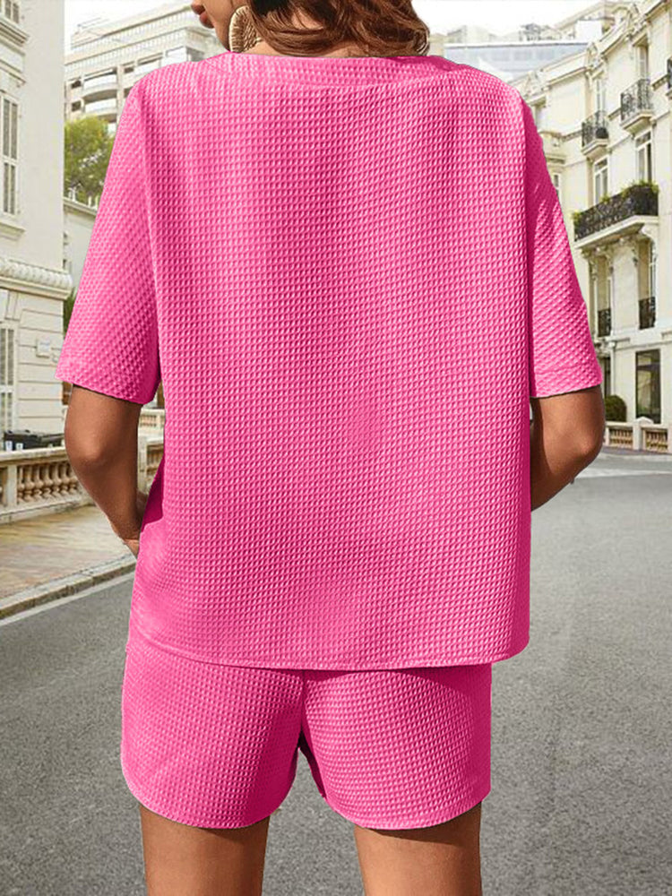 Waffle-Knit Half Sleeve Top and Shorts Set - MyEmpired