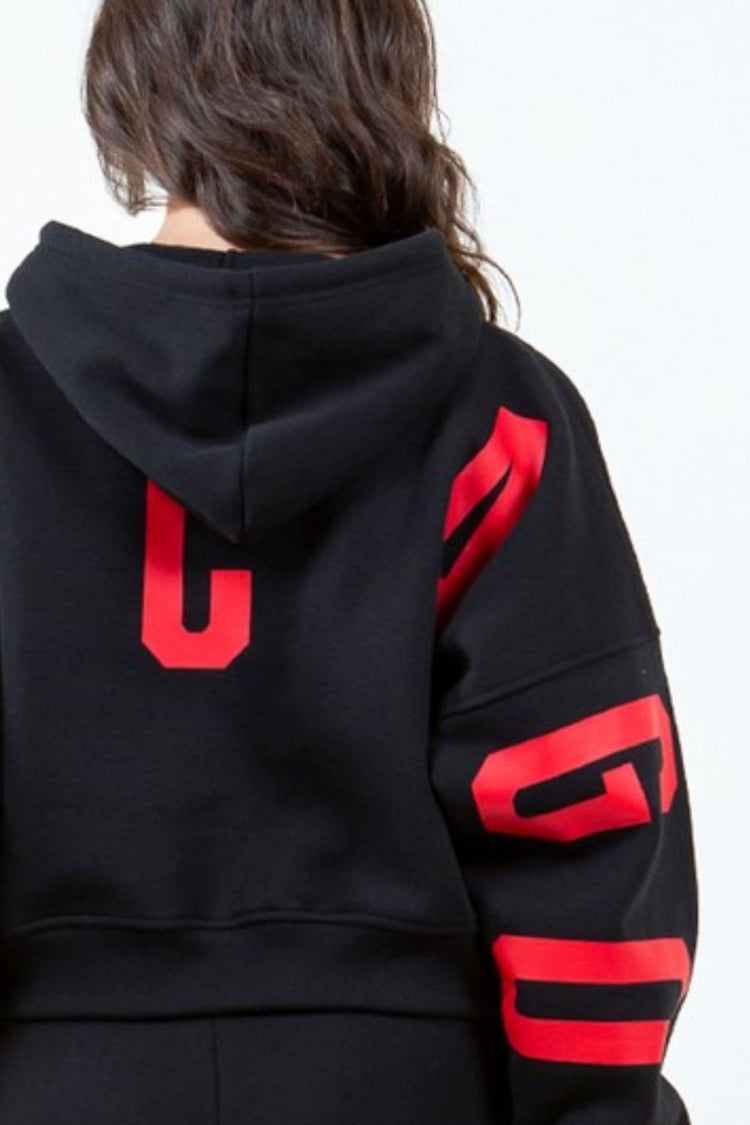 American Bazi Letter Graphic Long Sleeve Drawstring Cropped Hoodie - MyEmpired