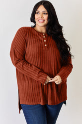 Basic Bae Full Size Ribbed Half Button Long Sleeve High-Low T-Shirt - MyEmpired
