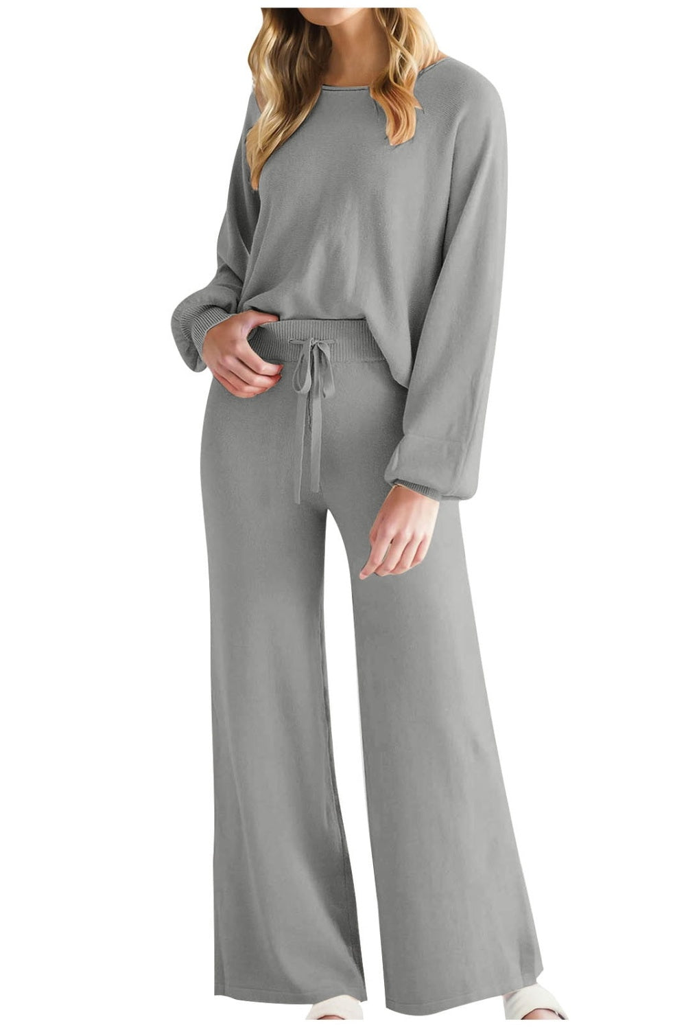 Round Neck Long Sleeve Top and Pants Set - MyEmpired