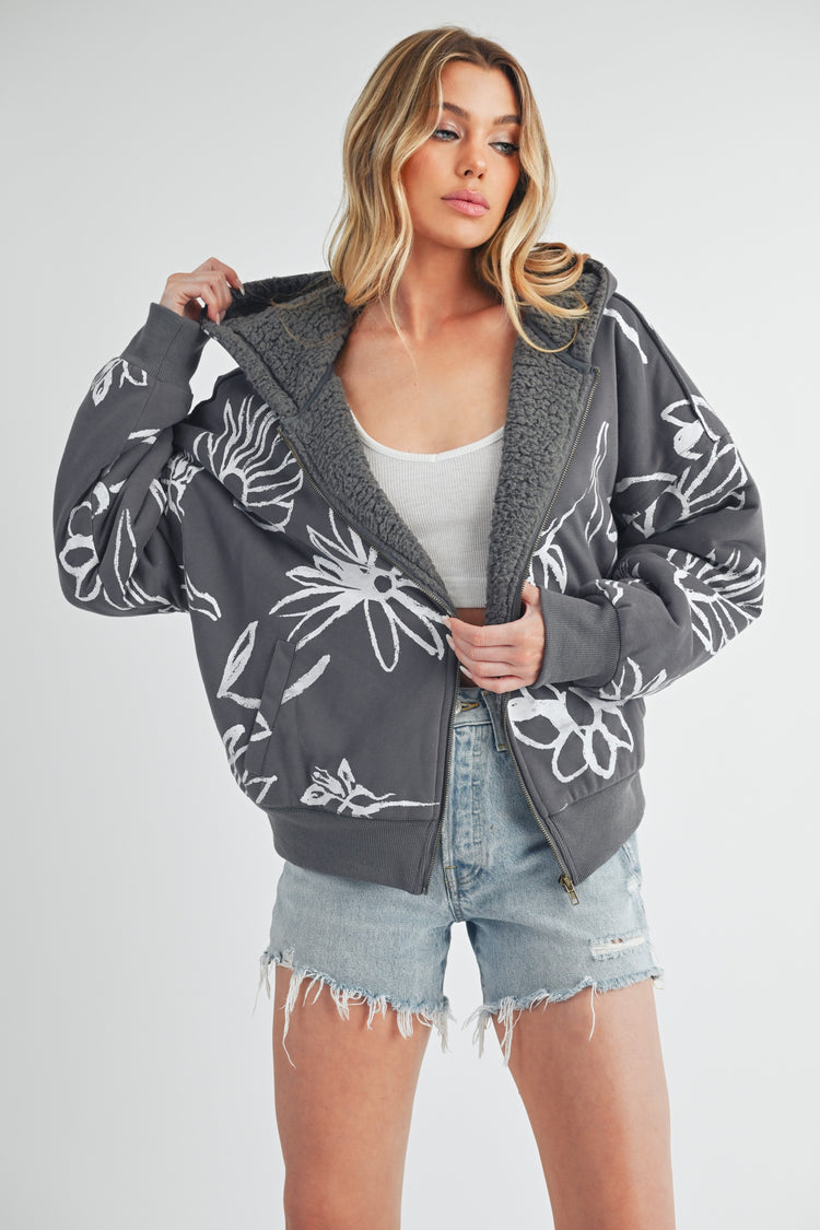 Aemi + Co Flower Print Zip Up Sherpa Hoodie - MyEmpired