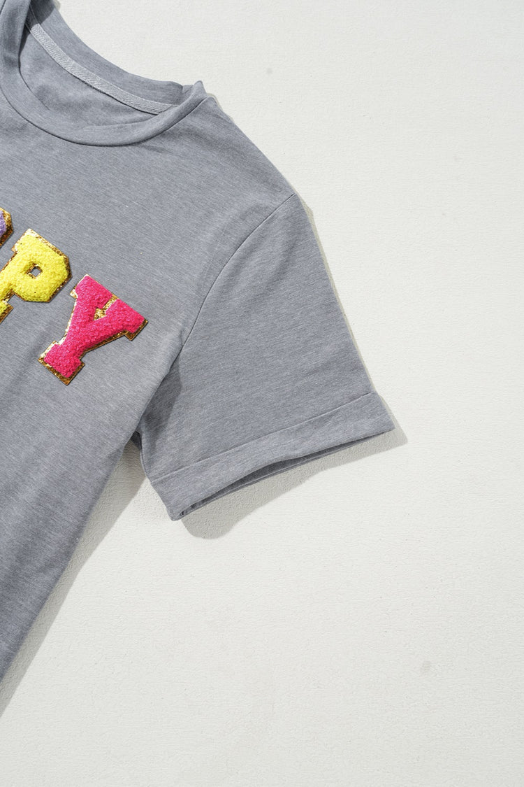 HOPPY Chenille Patch Round Neck Short Sleeve T-Shirt - MyEmpired