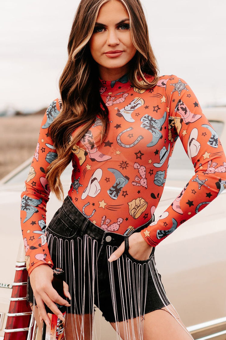 Printed Mock Neck Long Sleeve Bodysuit - MyEmpired