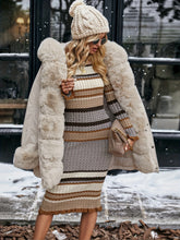 Striped Pattern Lettuce Trim Slim Dress, Elegant Mock Neck Long Sleeve Sweater Dress For Fall, Women&