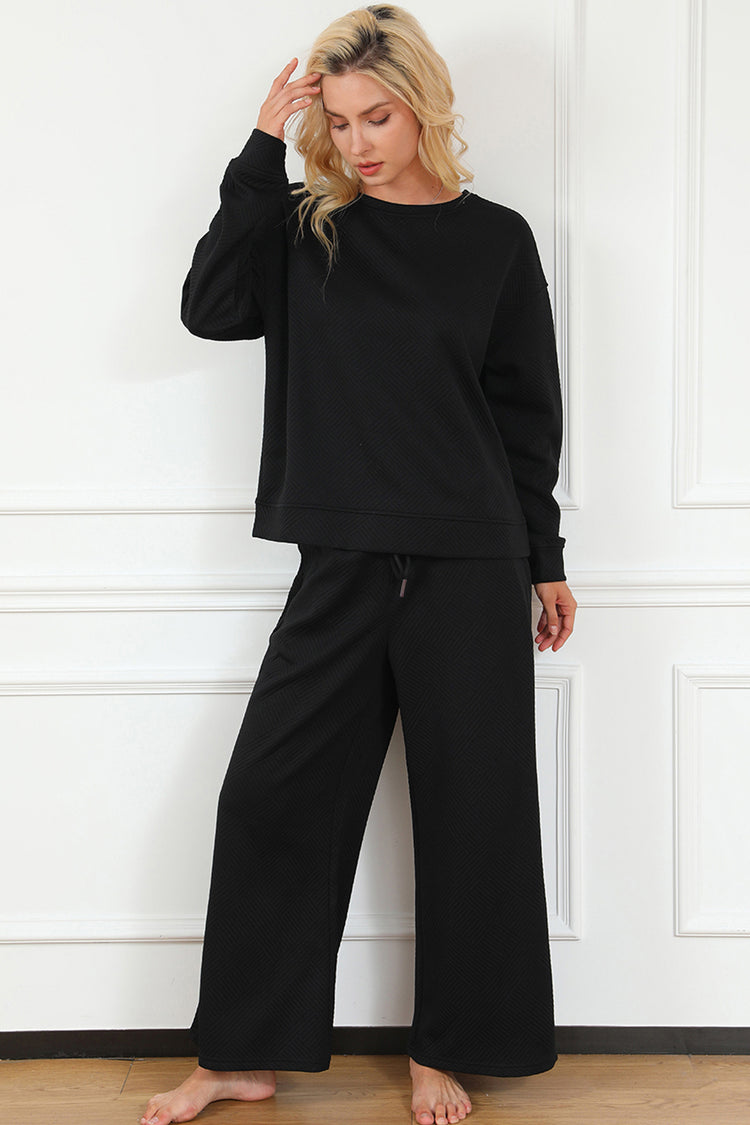 Double Take Full Size Textured Long Sleeve Top and Drawstring Pants Set - MyEmpired