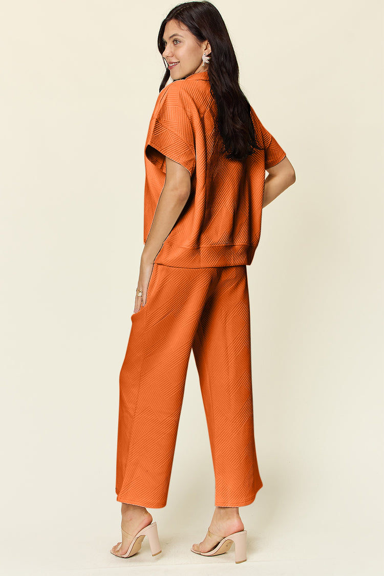 Double Take Full Size Texture Half Zip Short Sleeve Top and Pants Set - MyEmpired