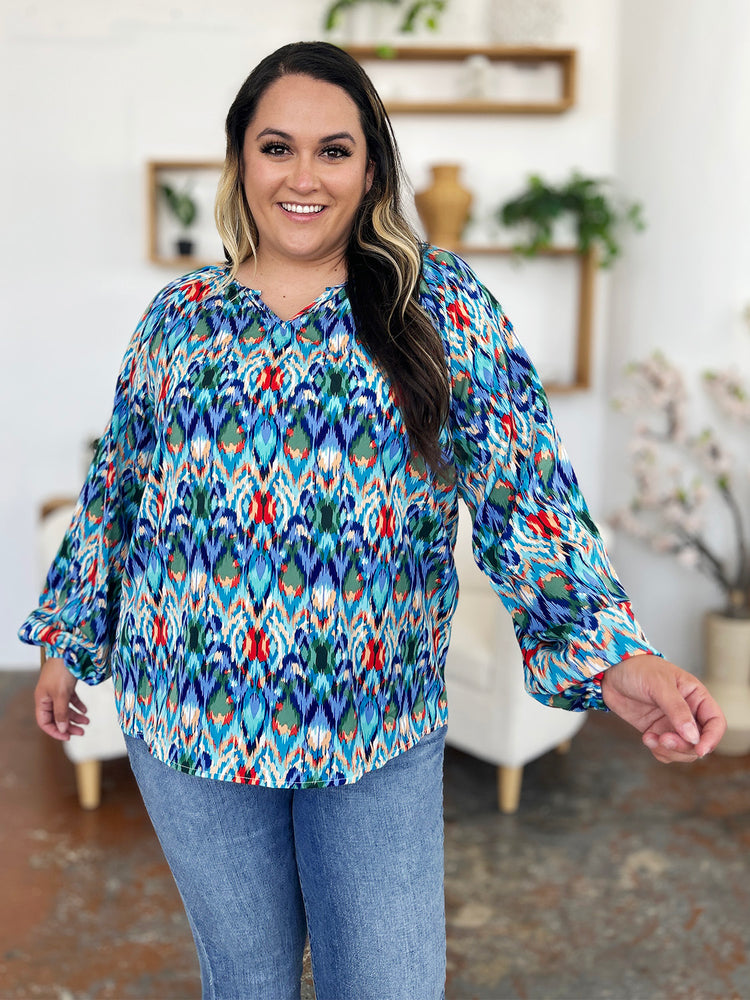 Double Take Full Size Printed Balloon Sleeve Blouse - MyEmpired
