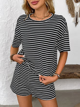 Striped Round Neck Short Sleeve Top and Shorts Set - MyEmpired