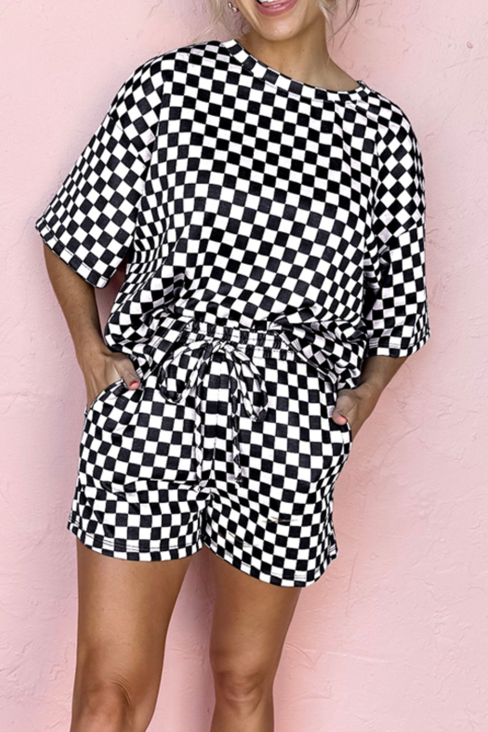 Checkered Round Neck Top and Shorts Set - MyEmpired
