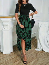 Plant Print Belted Splicing Dress, Elegant Crew Neck Short Sleeve Dress For Spring & Summer, Women&