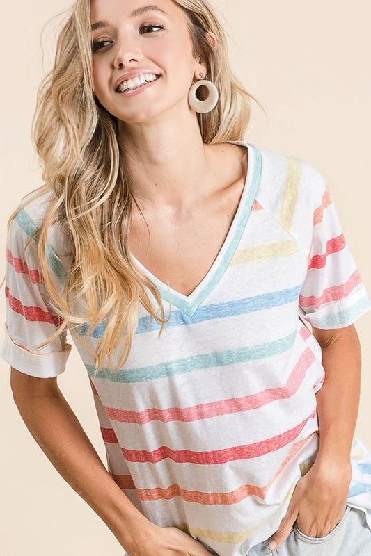 BiBi Striped V-Neck Short Sleeve T-Shirt - MyEmpired