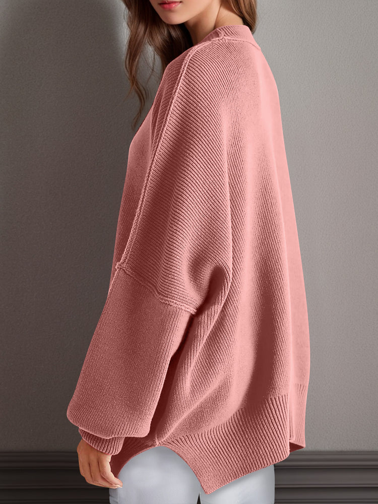Double Take Side Slit Round Neck Long Sleeve Sweater - MyEmpired
