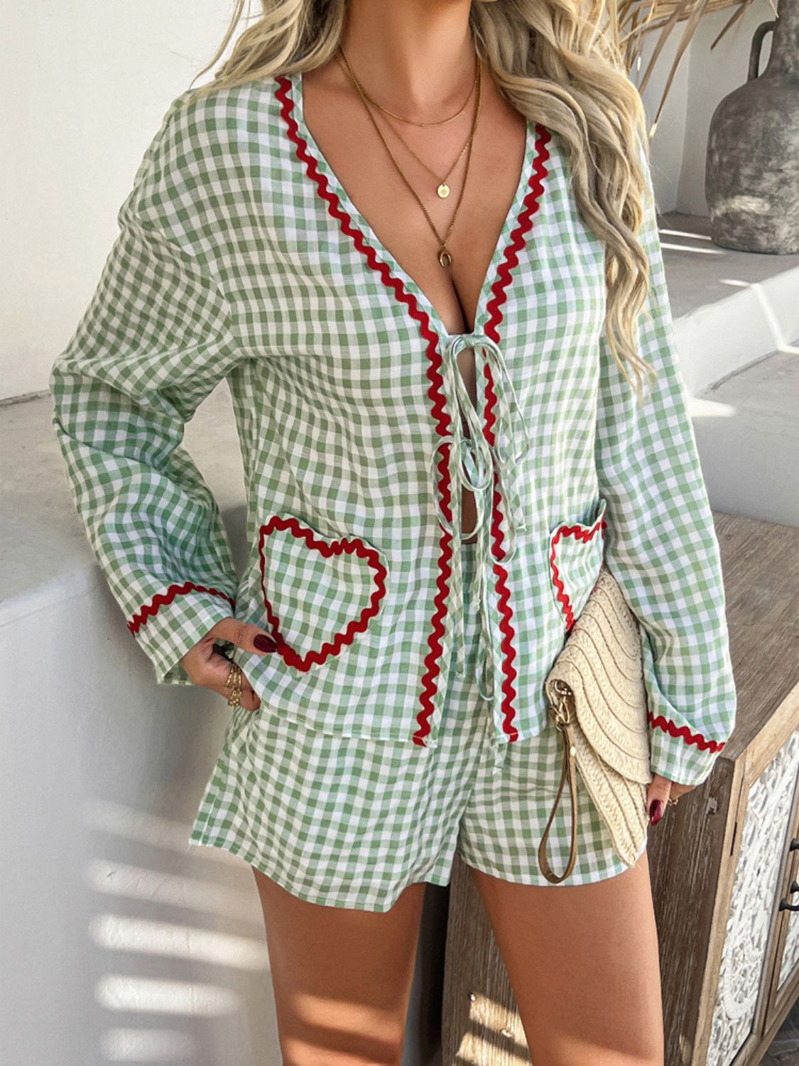 Devine Tie Front Contrast Plaid Shirt and Shorts Set - MyEmpired