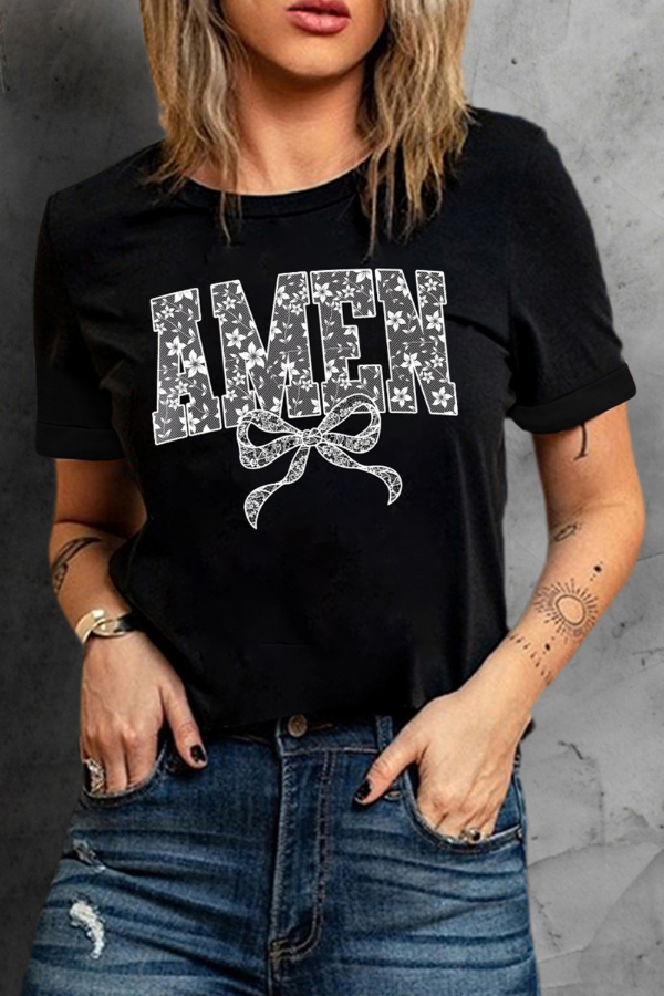 AMEN Bow Round Neck Short Sleeve T Shirt - MyEmpired