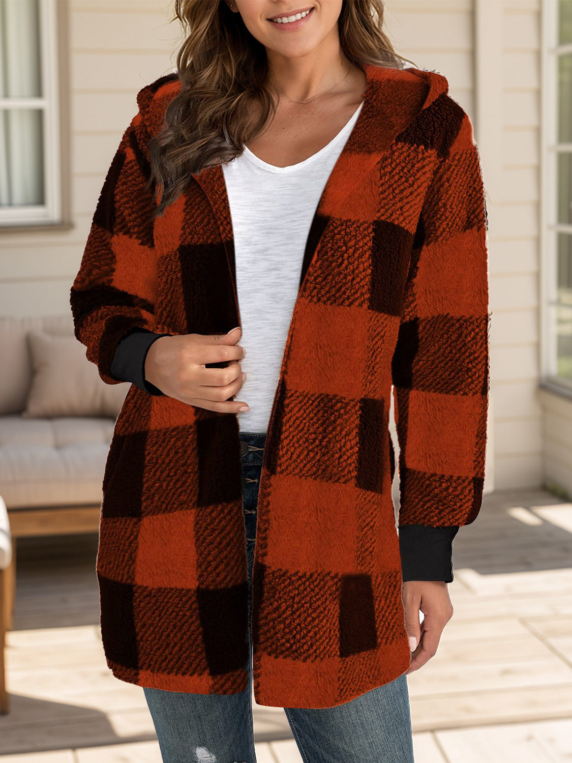Plaid Long Sleeve Hooded Coat - MyEmpired