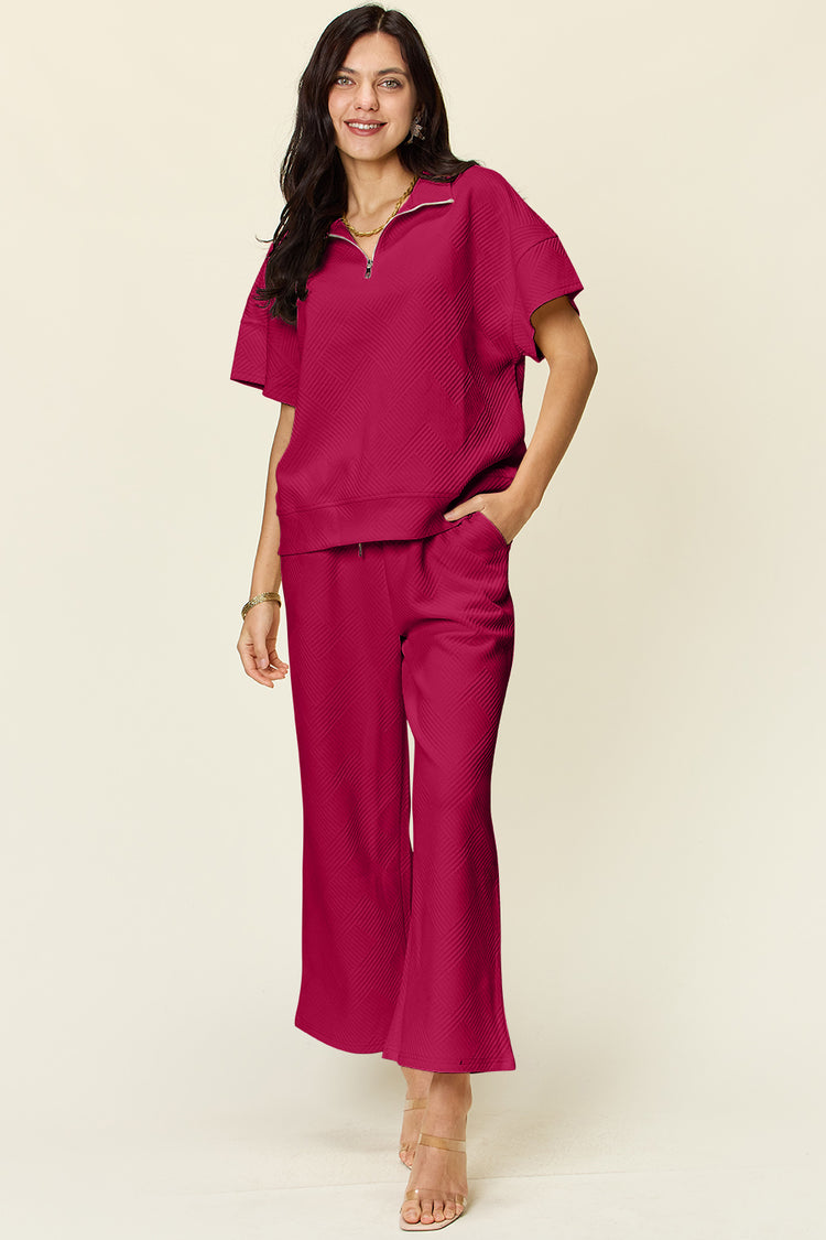 Double Take Full Size Texture Half Zip Short Sleeve Top and Pants Set - MyEmpired