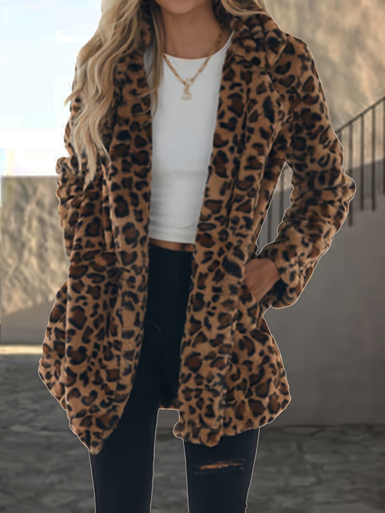 Leopard Pattern Open Front Teddy Coat - MyEmpired