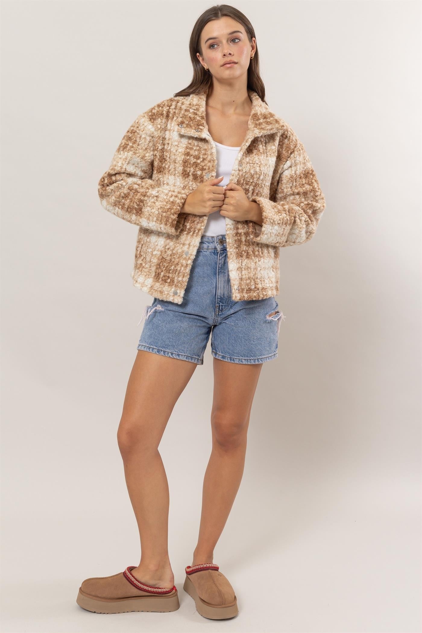 HYFVE Plaid Collared Neck Boucle Jacket with Pockets - MyEmpired