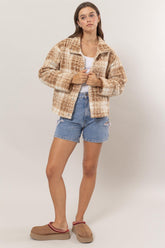 HYFVE Plaid Collared Neck Boucle Jacket with Pockets - MyEmpired