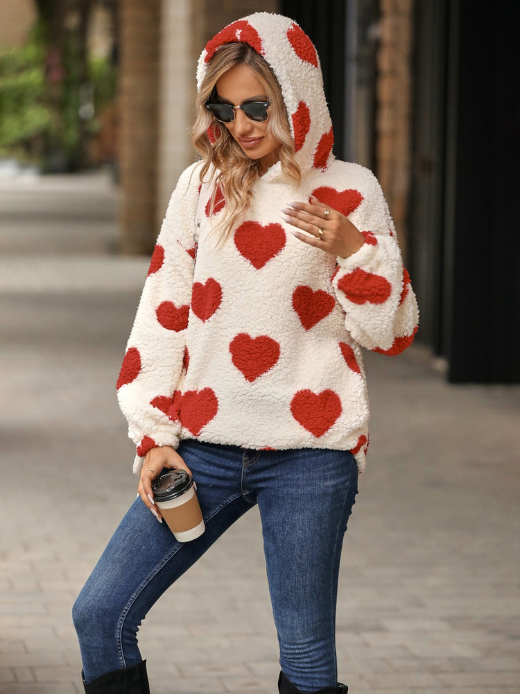 Fuzzy Heart Pocketed Dropped Shoulder Hoodie - MyEmpired