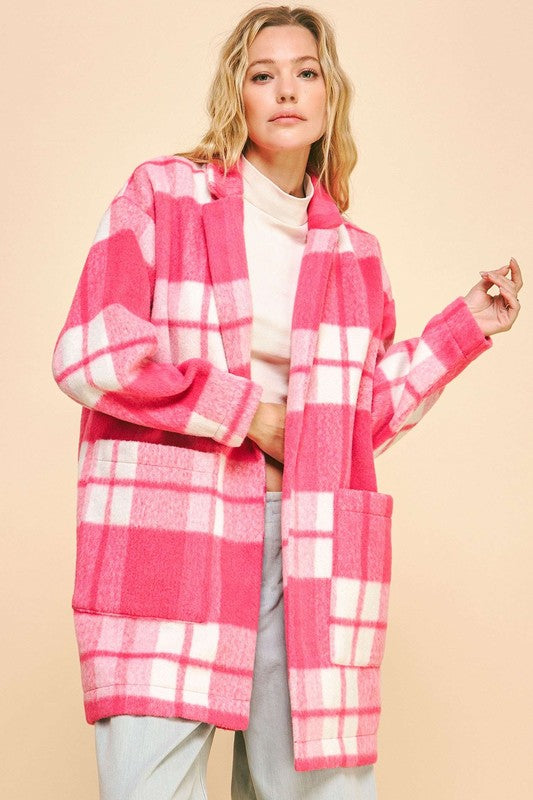 Davi & Dani Plaid Open Front Drop Shoulder Longline Coat - MyEmpired