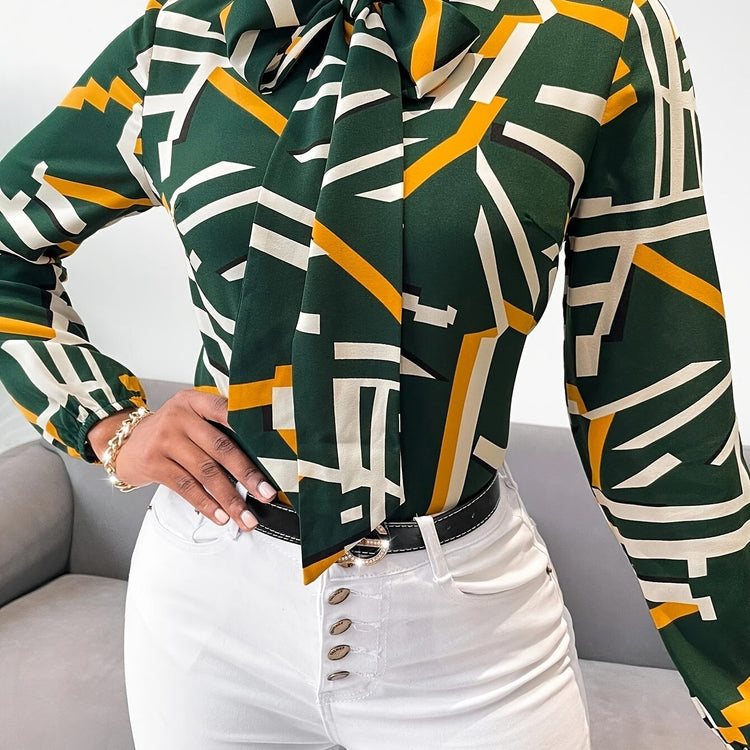 Geo Print Tie Neck Blouse - MyEmpired