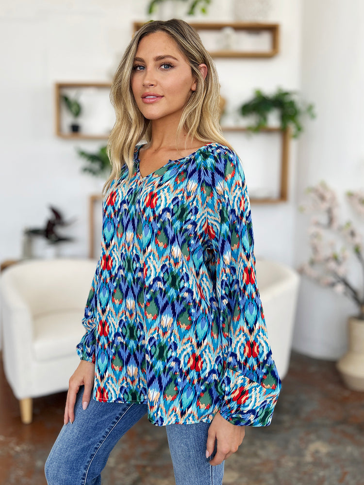 Double Take Full Size Printed Balloon Sleeve Blouse - MyEmpired