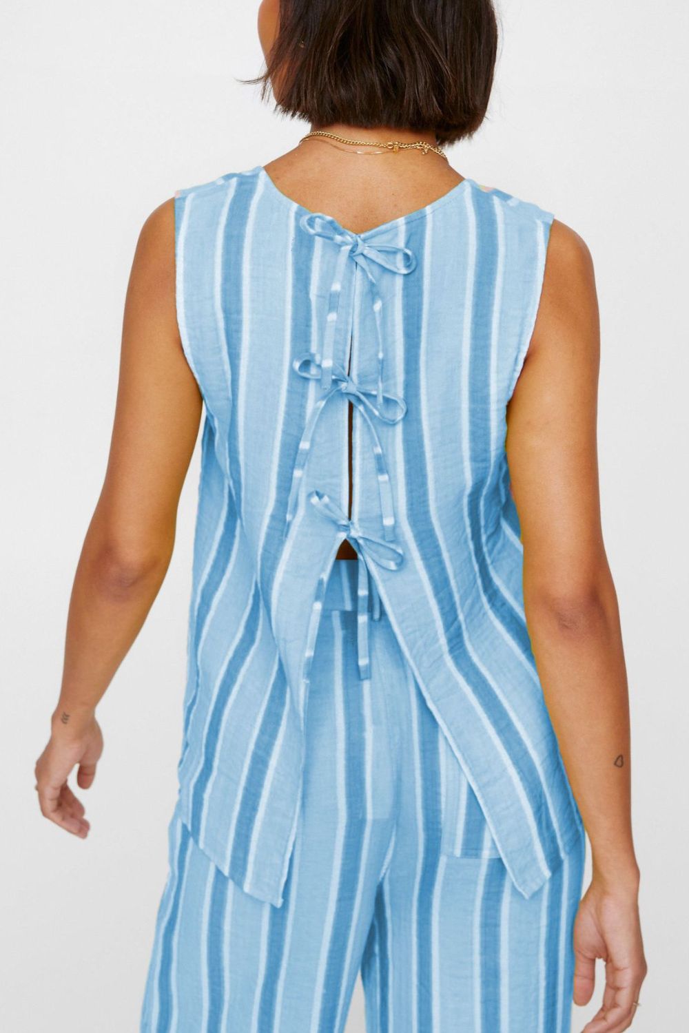 Tied Front Striped Top and Pants Set - MyEmpired
