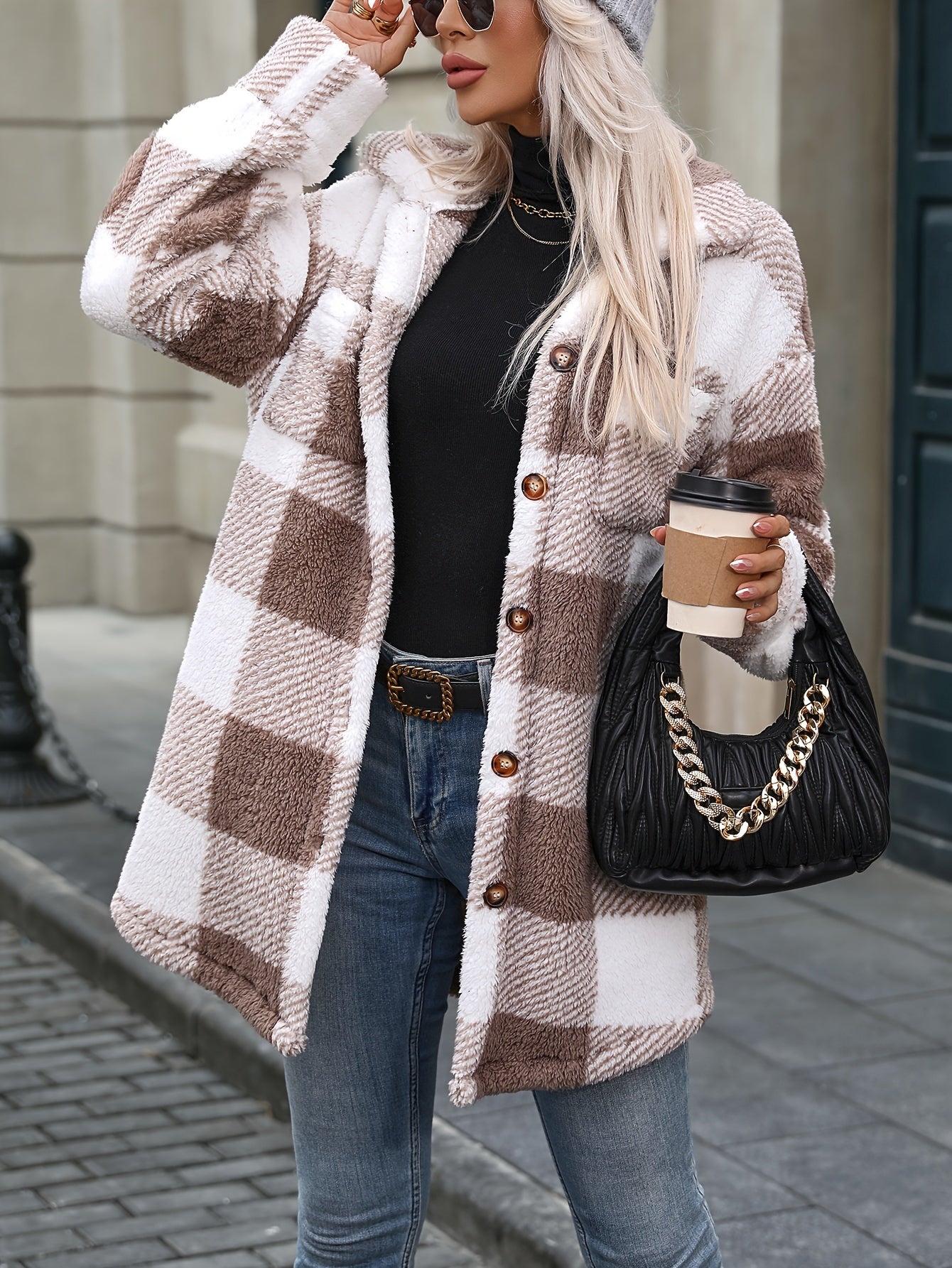 Plaid Pattern Button Front Fuzzy Coat, Elegant Long Sleeve Thermal Outerwear For Fall & Winter, Women&